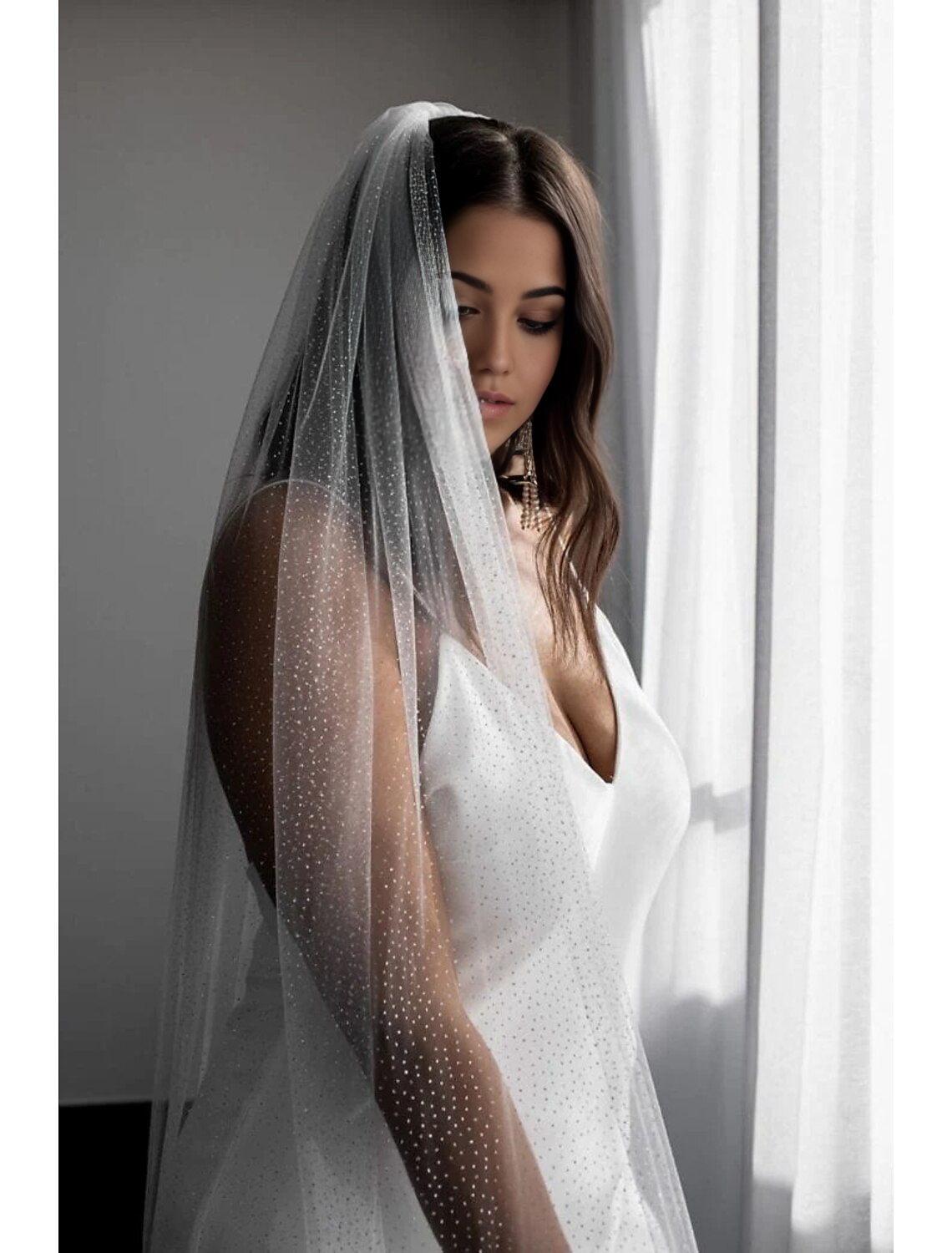 Ding Ji One-tier Simple Sparkle Shine Wedding Veil Cathedral Veils with Sequin 110.24 in (280cm) Charming Tulle Hot Sale Veil