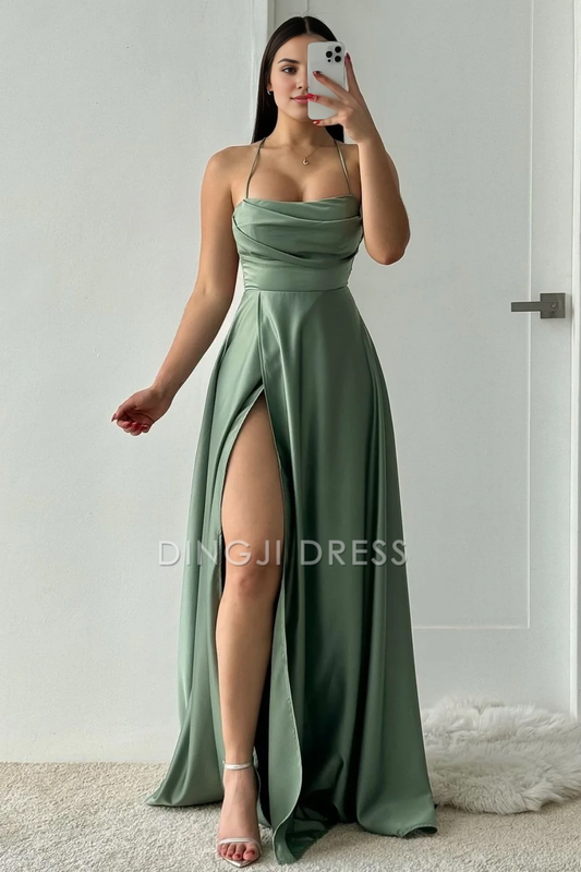 DingJiDress Chic A-Line Spaghetti Straps Lace Up Long Satin Simple Prom Dress