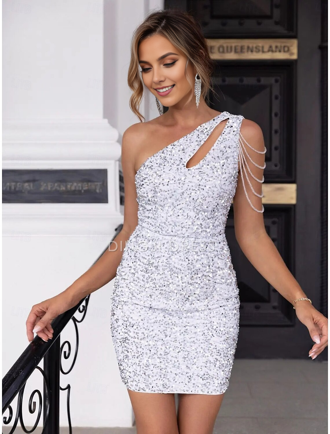 DingJiDress Hot Sale Short Prom Dress Charming A-Line Sequin Elegant Holiday Sleeveless Single Shoulder Sparkle New Homecoming Dress