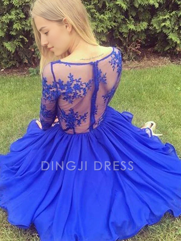 DingJiDress Short Prom Dress A-Line Satin Long Sleeves Cokctail Dresses Lace Applique Fashion Best Selling Homecoming Dress