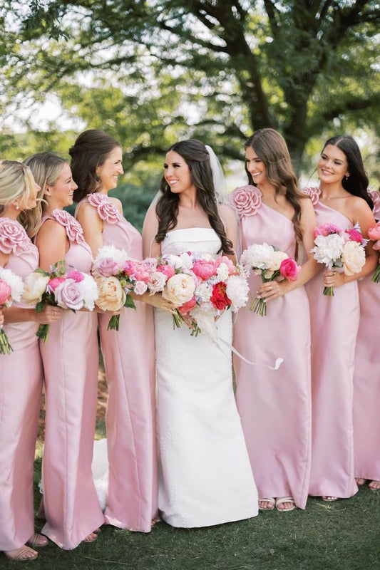 Romantic Pink Satin Sheath One Shoulder 3D Flower Sleeveless Low Cost Floor Length Bridesmaid Dresses