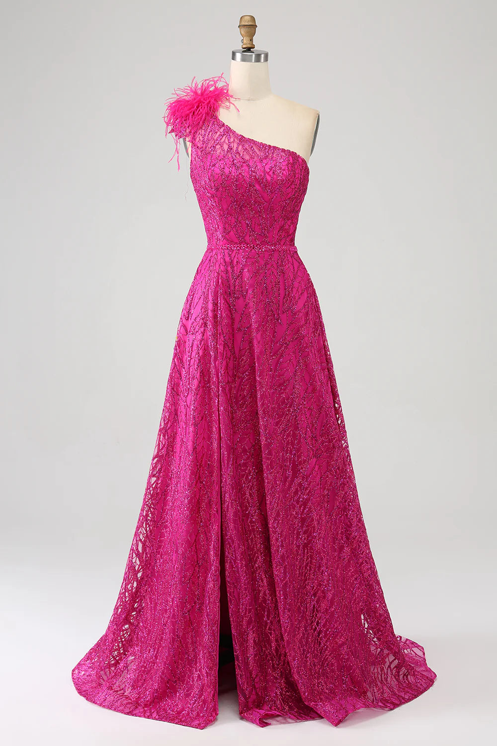DingJiDress Fuchsia A-Line One Shoulder Feather Sequin Long Prom Dress With Slit