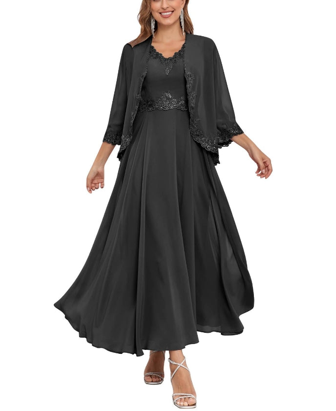 Mother of the Bride or Groom Dresses Two Pieces Jacket Sequins Lace Chiffon Formal Dress Wedding Guests Dresses