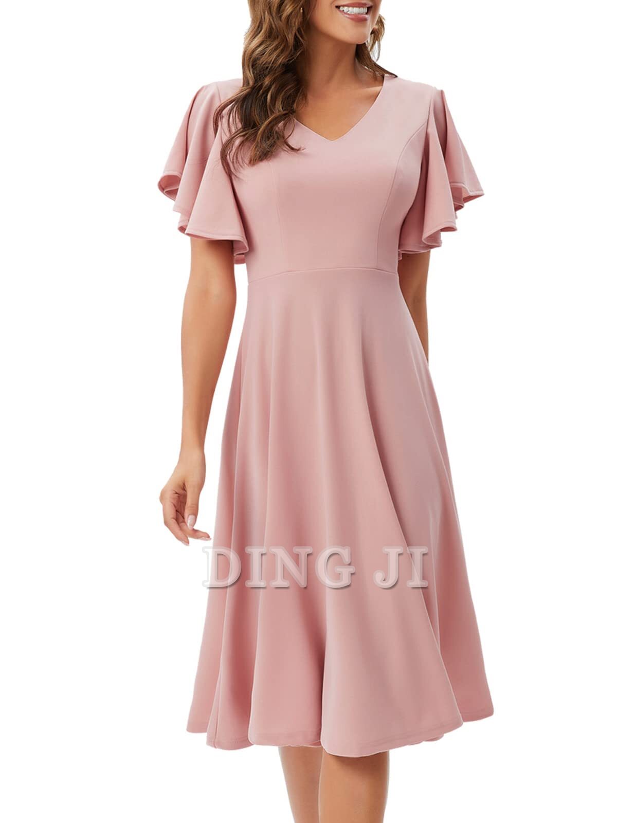 DingJiDress Bridesmaid Dresses A Line V Neck Short Sleeve Elegant Simple Tea-Length Formal Wear Dresses