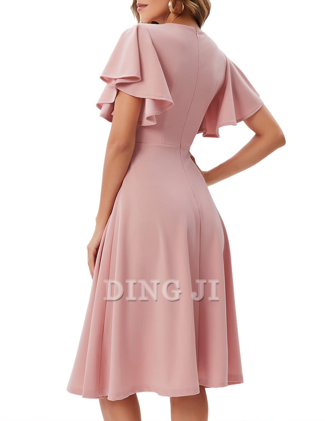 DingJiDress Bridesmaid Dresses A Line V Neck Short Sleeve Elegant Simple Tea-Length Formal Wear Dresses