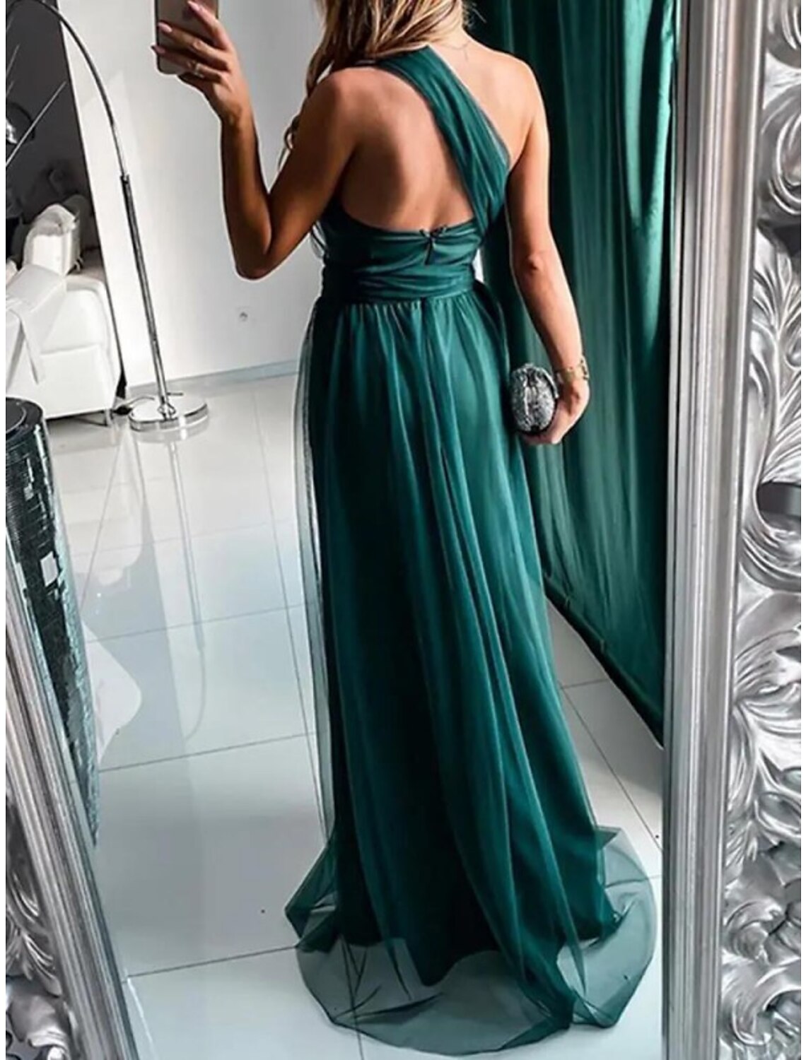 Sheath / Column Bridesmaid Dress One Shoulder Sleeveless Elegant Sweep / Brush Train Tulle with Pleats