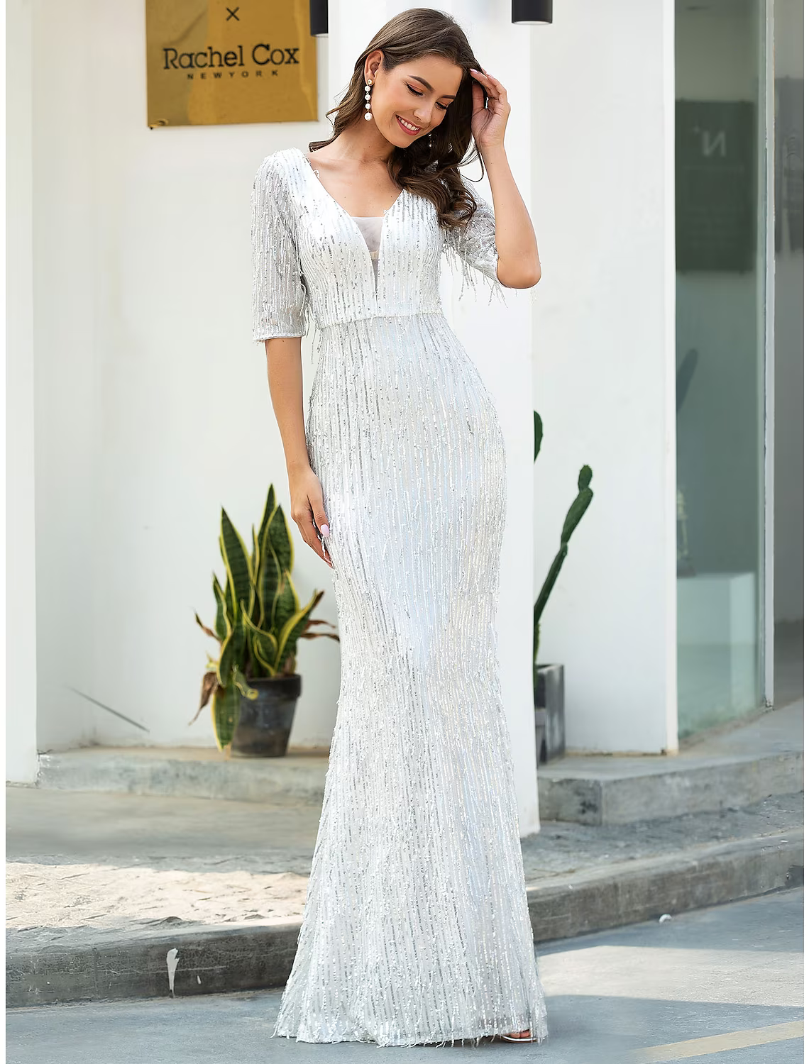 Evening Gown Glittering Dress Engagement Floor Length Half Sleeve V Neck Polyester with Sequin Tassel