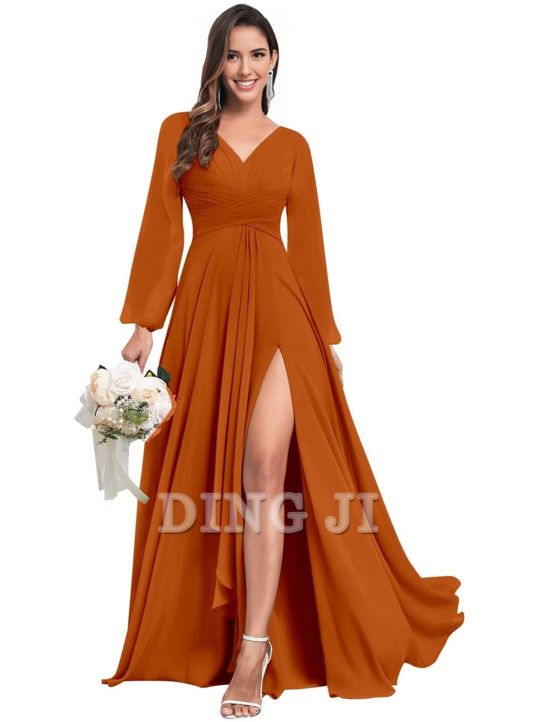 DingJiDress Bridesmaid Dresses Elegant Chiffon Long Sleeves V Neck Ruffle Side Fork Long Formal Wear Dresses