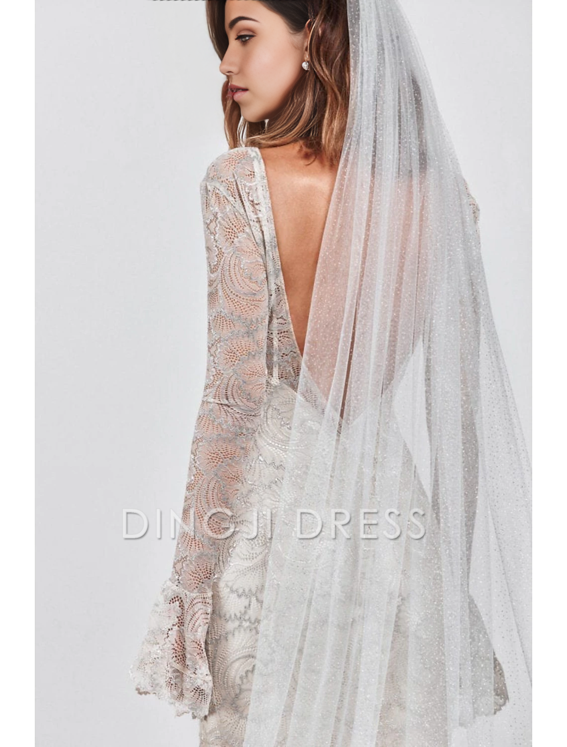 Ding Ji One-tier Simple Sparkle Shine Wedding Veil Cathedral Veils with Sequin 110.24 in (280cm) Charming Tulle Hot Sale Veil