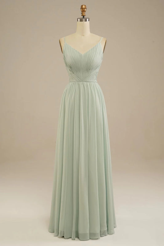 DingJiDress Elegant A-Line V Neck Spaghetti Strap Pleated Floor Length Chiffon Simple Prom Dress