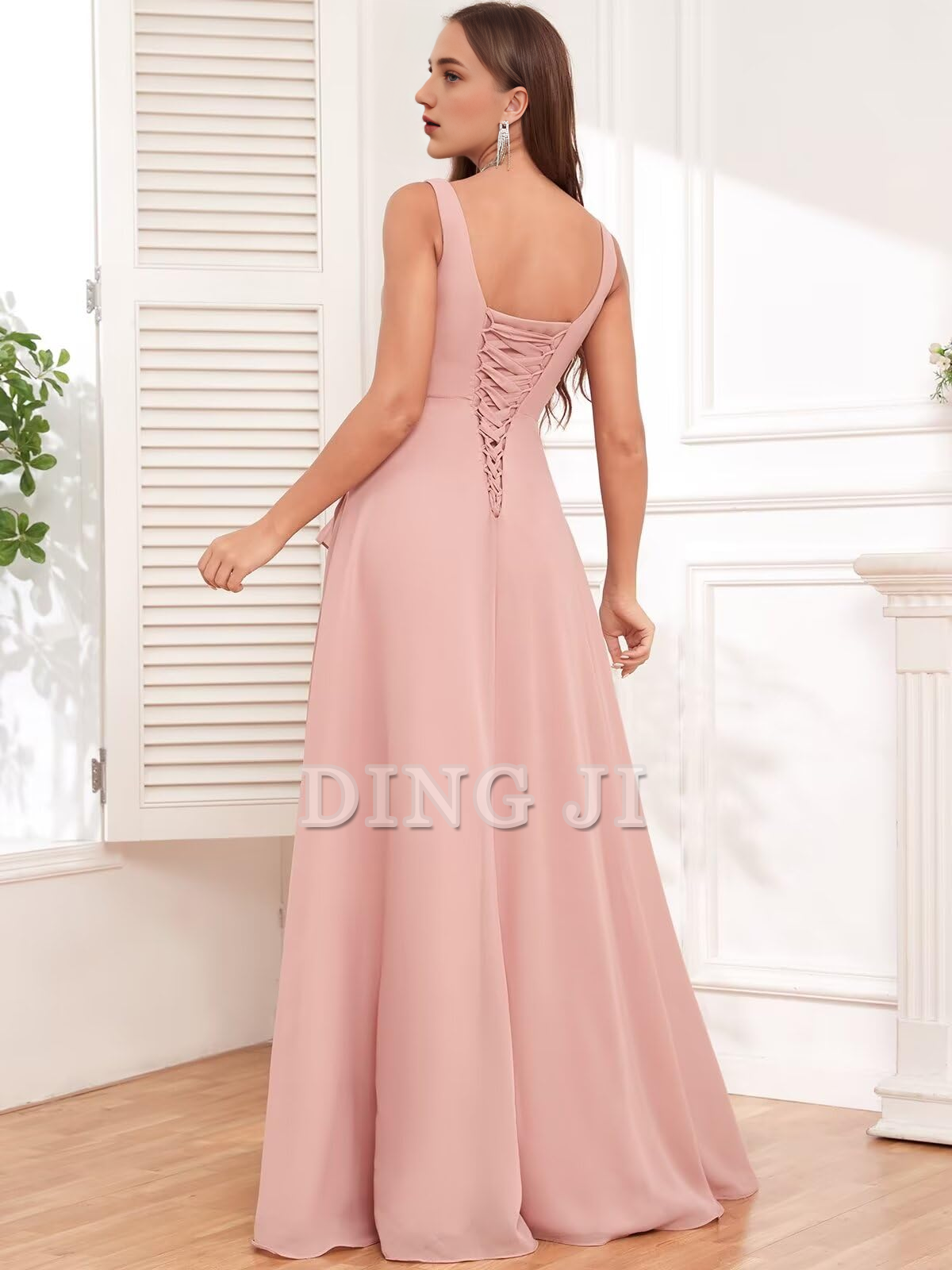 DingJiDress Bridesmaid Dresses Ruffle Square Neck Elegant Simple Side Fork Long Formal Wear Dresses
