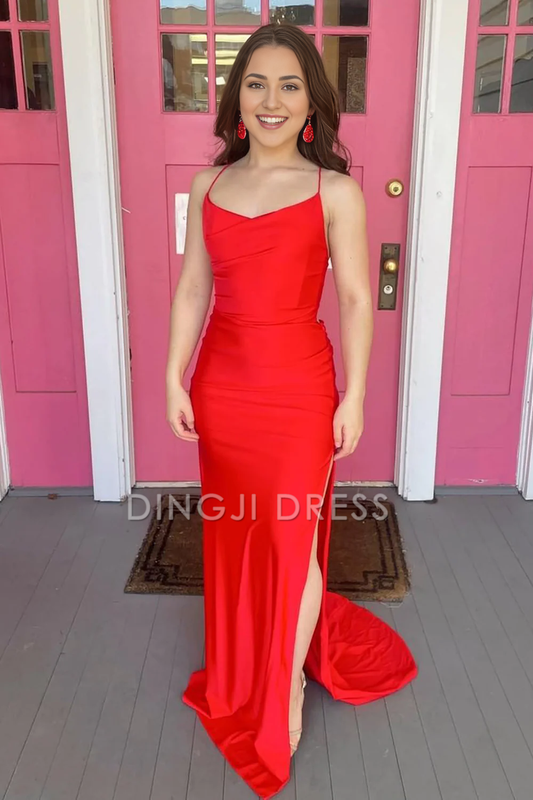 DingJiDress Simple Mermaid Spaghetti Straps Backless Lace up Side Fork Elegant Prom Dress
