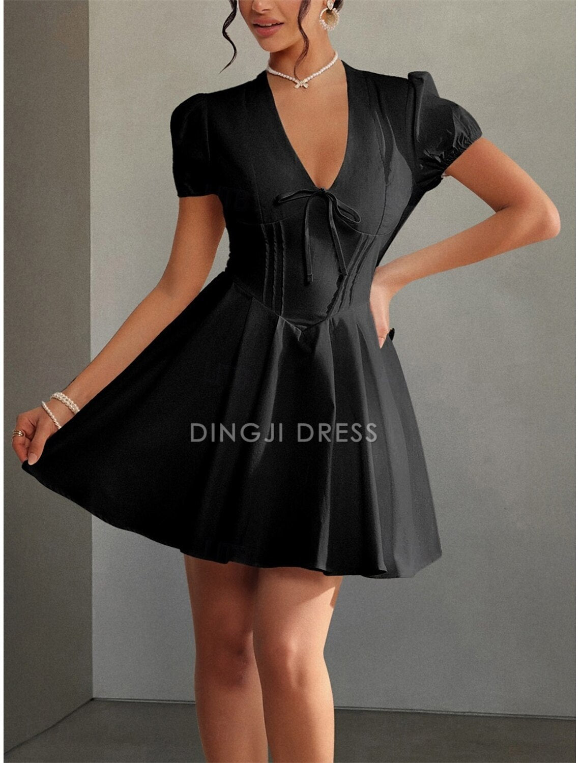 DingJiDress Hot Sale Short Prom Dress Elegant A-Line Formal Short Sleeve V Neck Satin with Pleats Cute New Homecoming Dress