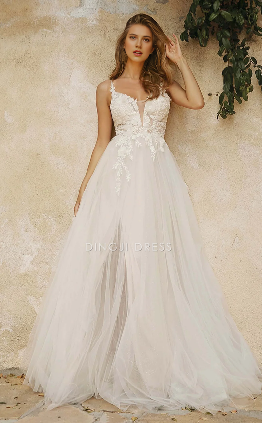 DingJiDress Hot Sale Wedding Dress A Line Sleeveless Spaghetti Strap Illusion Neck Exquisite Lace Applique Formal Wear Dresses