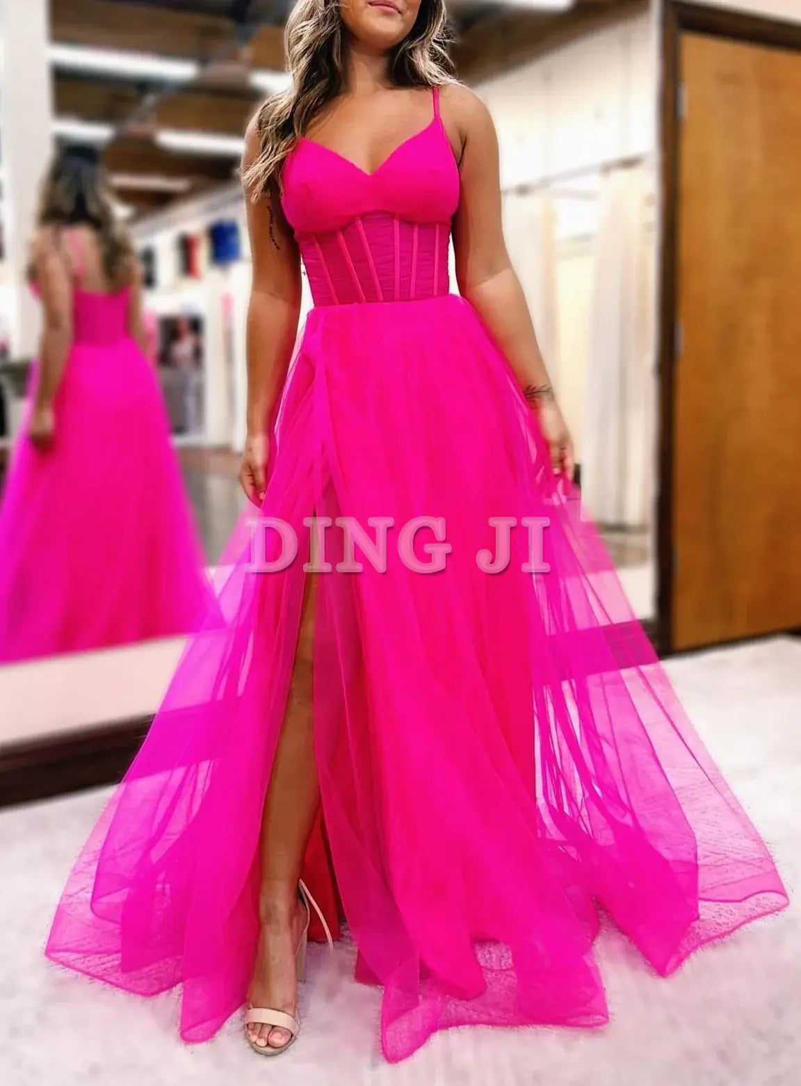 DingJiDress Evening Dress A-Line V-Neck Sheer Bodice Tulle Long Romantic Prom Dress Side Fork Youthful Elegant Formal wear Dresses Wedding Guest Dresses
