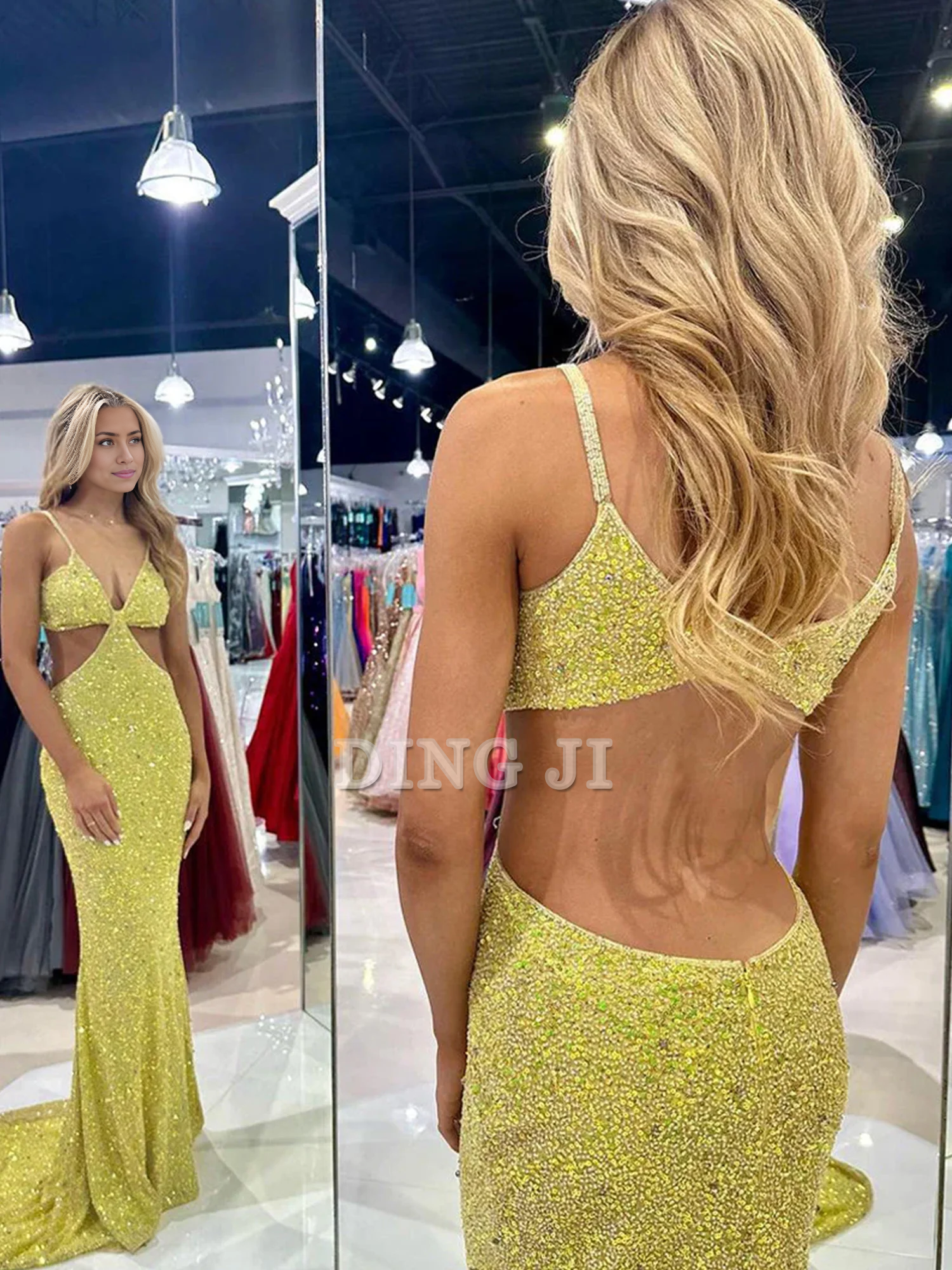DingJiDress Sexy Evening Dress Deep V Neck Spaghetti Strap Backless Sequins Cutout Long Prom Dresses Charming Formal Wear Dresses Wedding Guest Dresses
