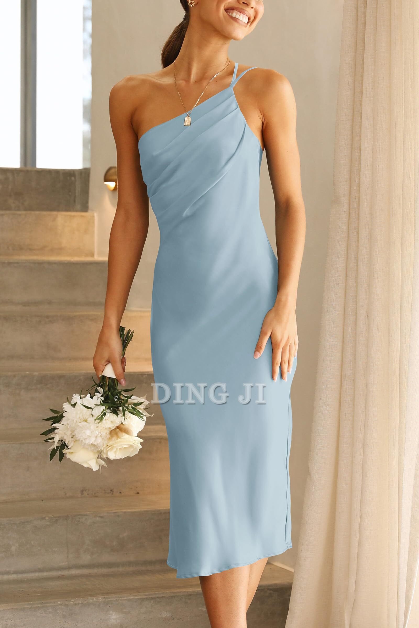 DingJiDress Bridesmaid Dresses One Shoulder Spaghetti Strap Backless Ruched Simple Charming Formal Wear Dresses