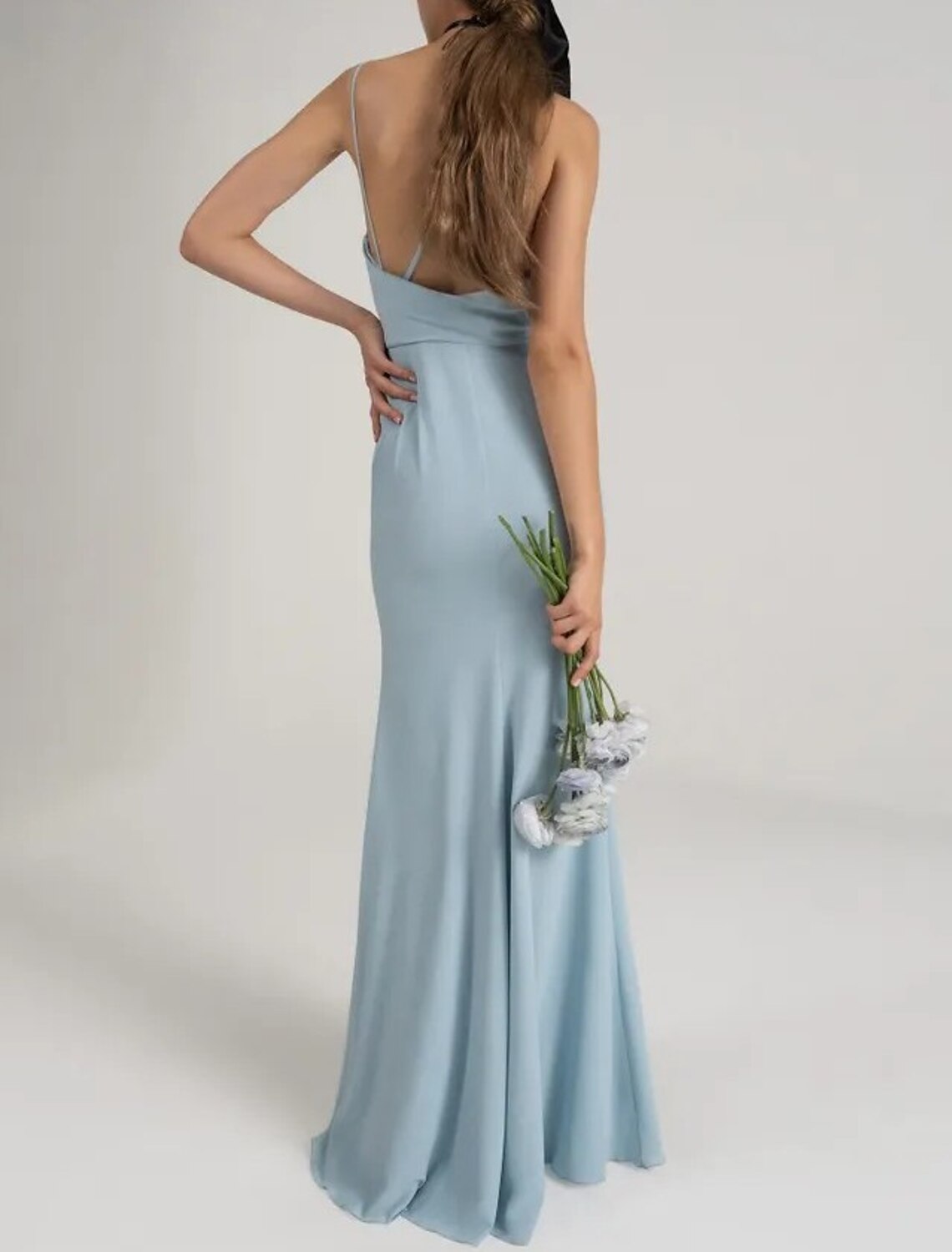 Sheath / Column Bridesmaid Dress Spaghetti Strap Sleeveless Blue Floor Length Stretch Fabric