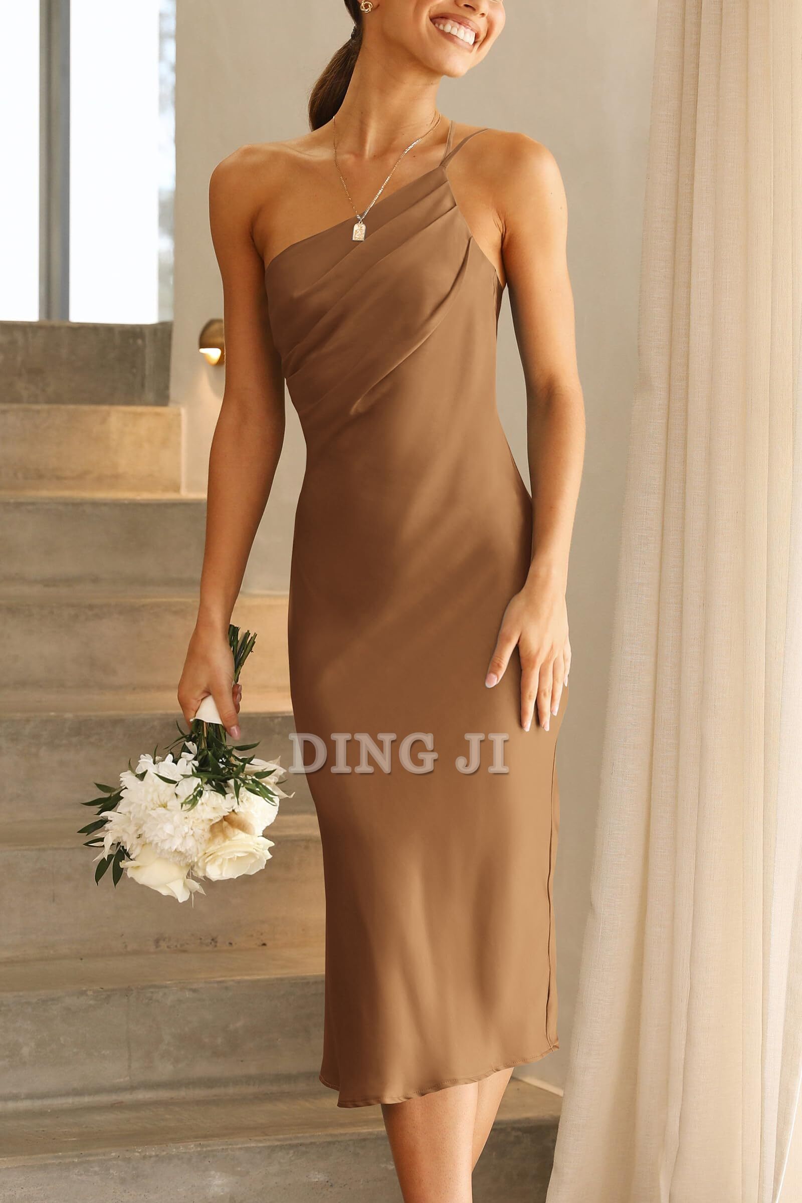 DingJiDress Bridesmaid Dresses One Shoulder Spaghetti Strap Backless Ruched Simple Charming Formal Wear Dresses