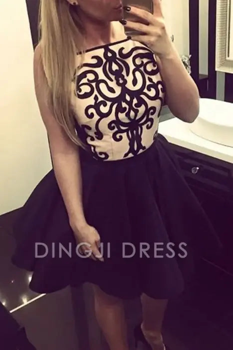 DingJiDress Short Prom Dress A-Line Bateau Appliques Spaghetti Strap Sleeveless Retro Best Selling Homecoming Dress