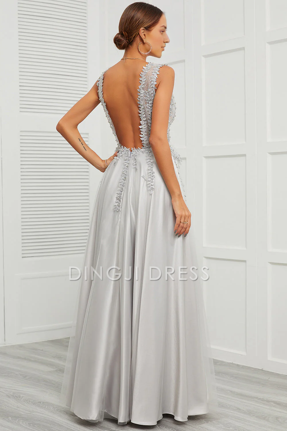 DingJiDress High Quality Dress Evening Dress Exquisite A Line Deep V Neck Sleeveless Backless Retro Appliques Long Prom Dress