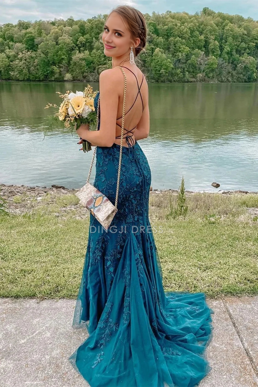 DingJiDress Formal Dress Elegant Mermaid Spaghetti Strap Sleeveless Appliques Backless Prom Dress