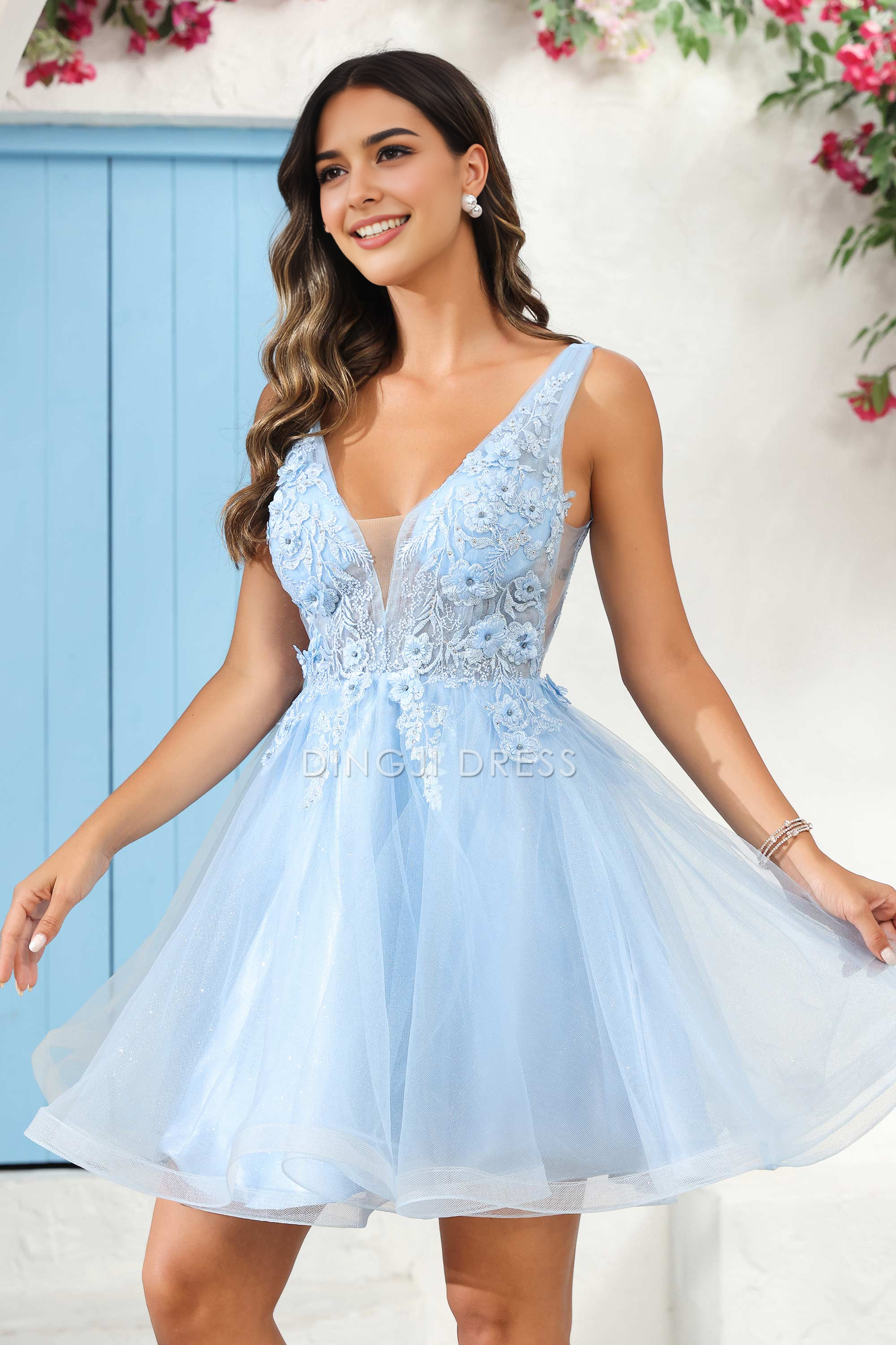 DingJiDress Hot Sale Homecoming Dress Elegant A Line Deep V Neck Sleeveless 3D Floral Applique Beaded Fashion Mini Dress