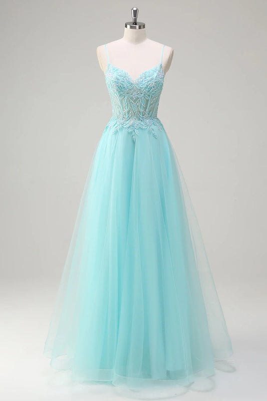 DingJiDress High Quality Dress Evening Dress Exquisite A-Line V Neck Spaghetti Straps Appliques Backless Long Prom Dress