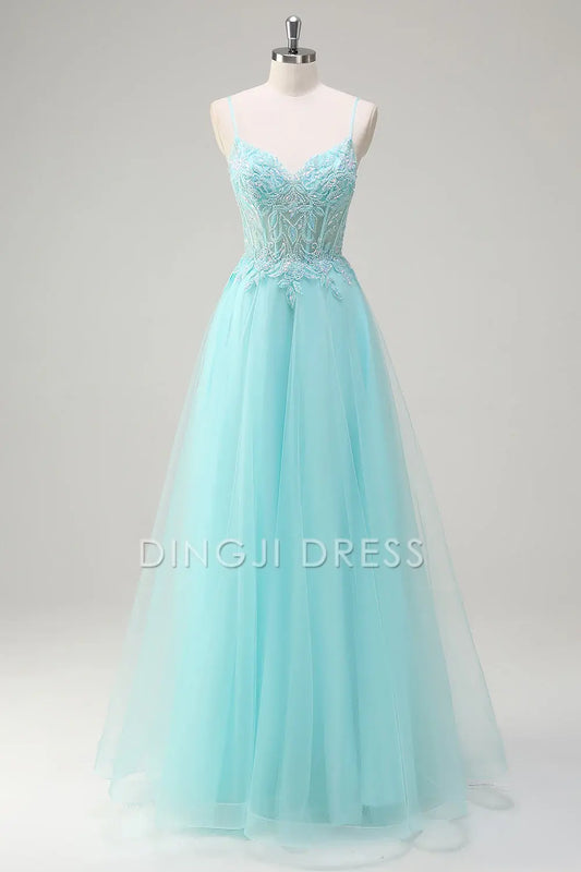 DingJiDress High Quality Dress Evening Dress Exquisite A-Line V Neck Spaghetti Straps Appliques Backless Long Prom Dress
