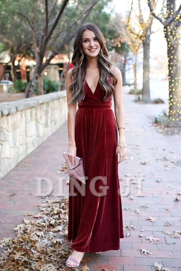 DingJiDress Evening Dress Elegant A-Line Deep V Neck Halter Backless Burgundy Velvet Long Bridesmaid Dresses Prom Gown Formal Wear Dresses Wedding Guest Dresses