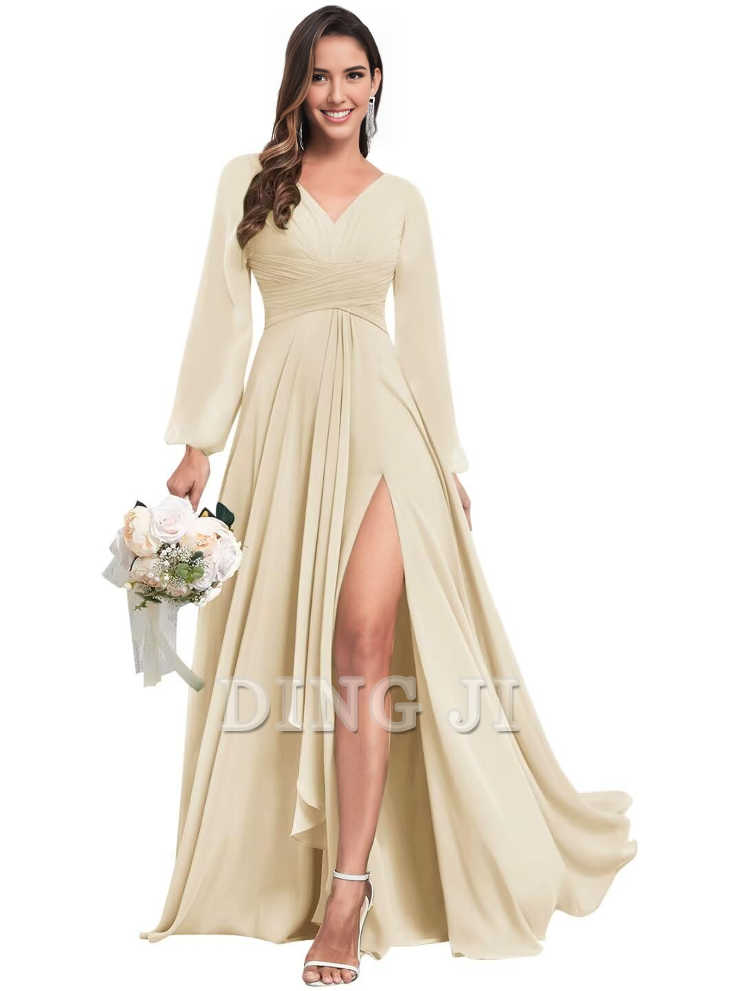 DingJiDress Bridesmaid Dresses Elegant Chiffon Long Sleeves V Neck Ruffle Side Fork Long Formal Wear Dresses
