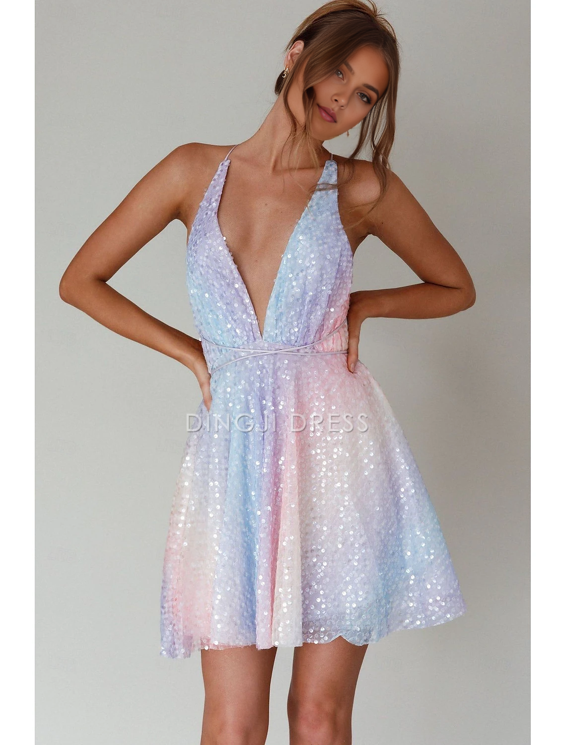 DingJiDress Hot Sale Short Prom Dress A Line Deep V Neck Backless Cocktail Dresses Carnival Sleeveless Sequined with Pleats Sparkle New Homecoming Dress