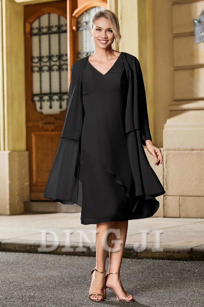 DingJiDress Mother of the Bride Dresses V-neck Knee-Length Two Piece Set Chiffon Dress With Jacket Elegant Dresses Wedding Guests Dresses