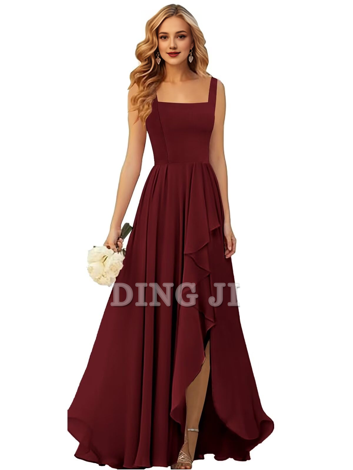 DingJiDress Bridesmaid Dresses Ruffle Square Neck Elegant Simple Side Fork Long Formal Wear Dresses