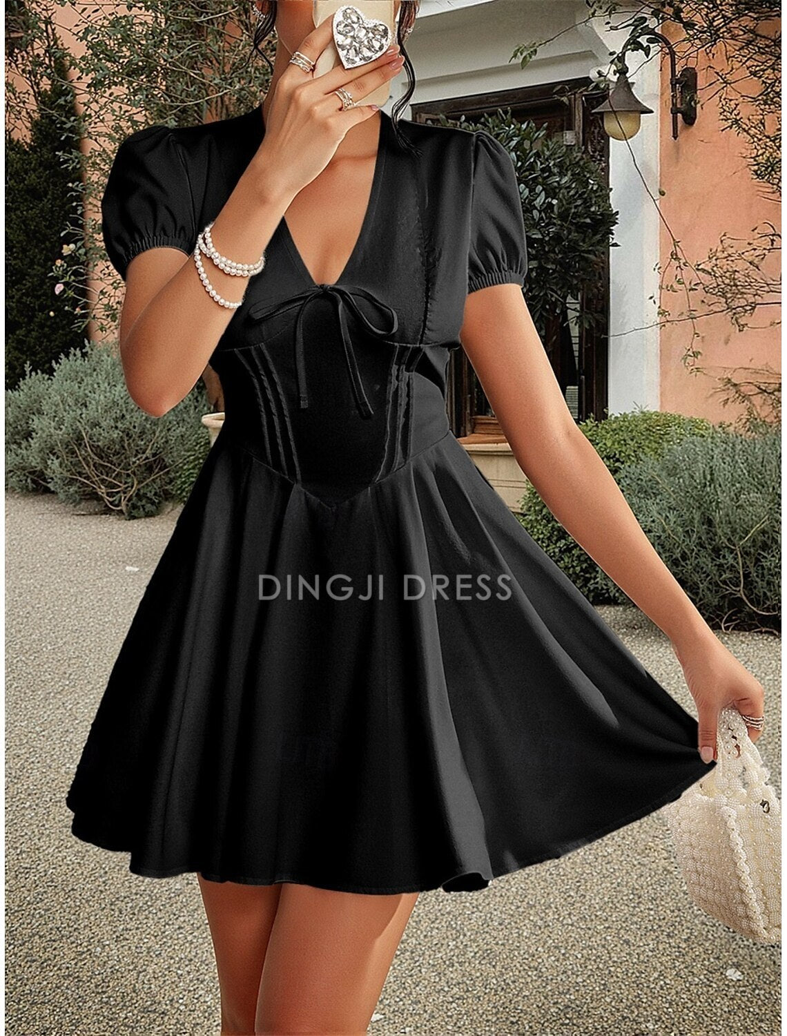DingJiDress Hot Sale Short Prom Dress Elegant A-Line Formal Short Sleeve V Neck Satin with Pleats Cute New Homecoming Dress