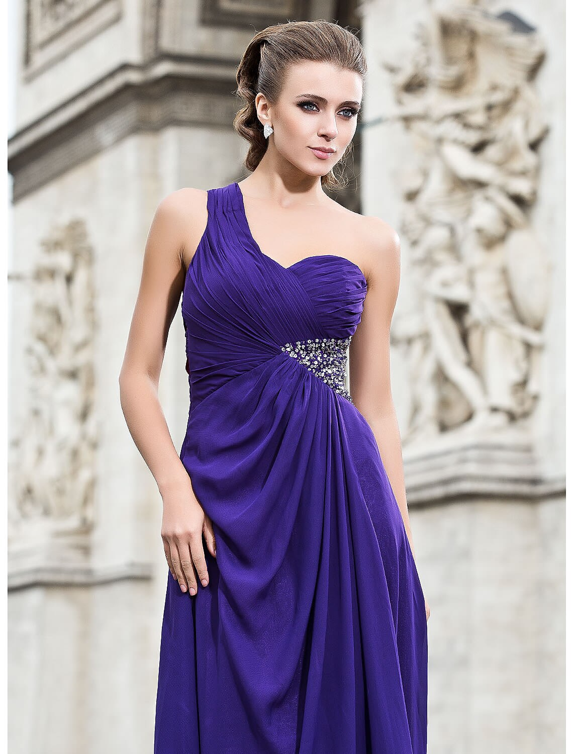 Classic Timeless Dress Formal Evening Floor Length Sleeveless One Shoulder Chiffon with Beading Split Front