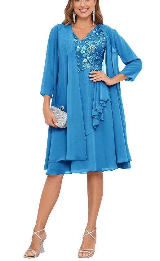 Mother of the Bride or Groom Dresses Two Pieces Knee Length Lace Chiffon Formal Dress Wedding Guests Dresses