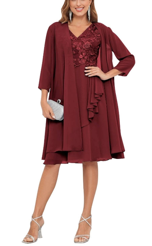 Mother of the Bride or Groom Dresses Two Pieces Knee Length Lace Chiffon Formal Dress Wedding Guests Dresses