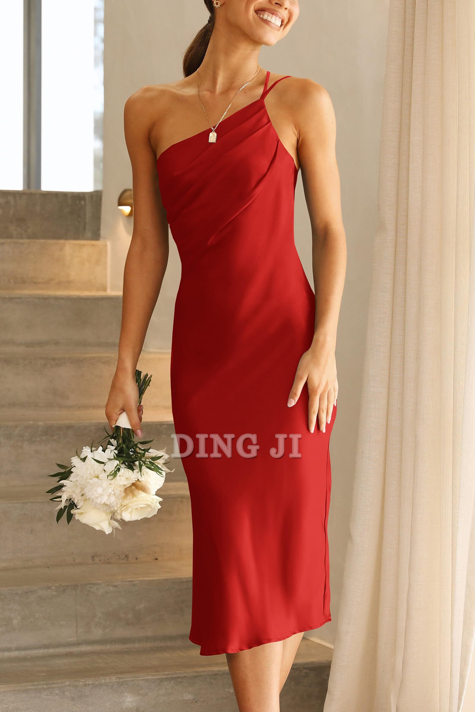 DingJiDress Bridesmaid Dresses One Shoulder Spaghetti Strap Backless Ruched Simple Charming Formal Wear Dresses