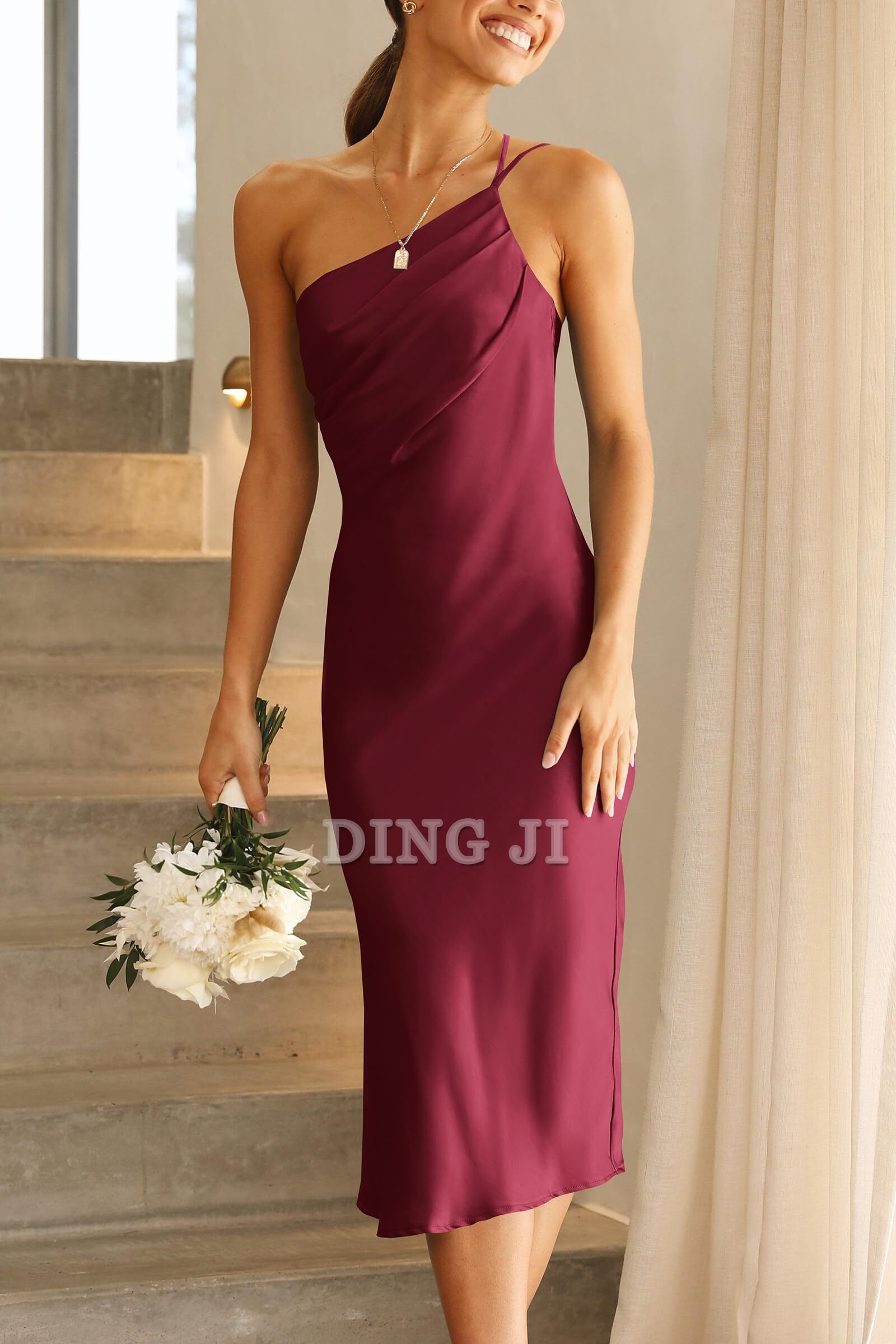 DingJiDress Bridesmaid Dresses One Shoulder Spaghetti Strap Backless Ruched Simple Charming Formal Wear Dresses