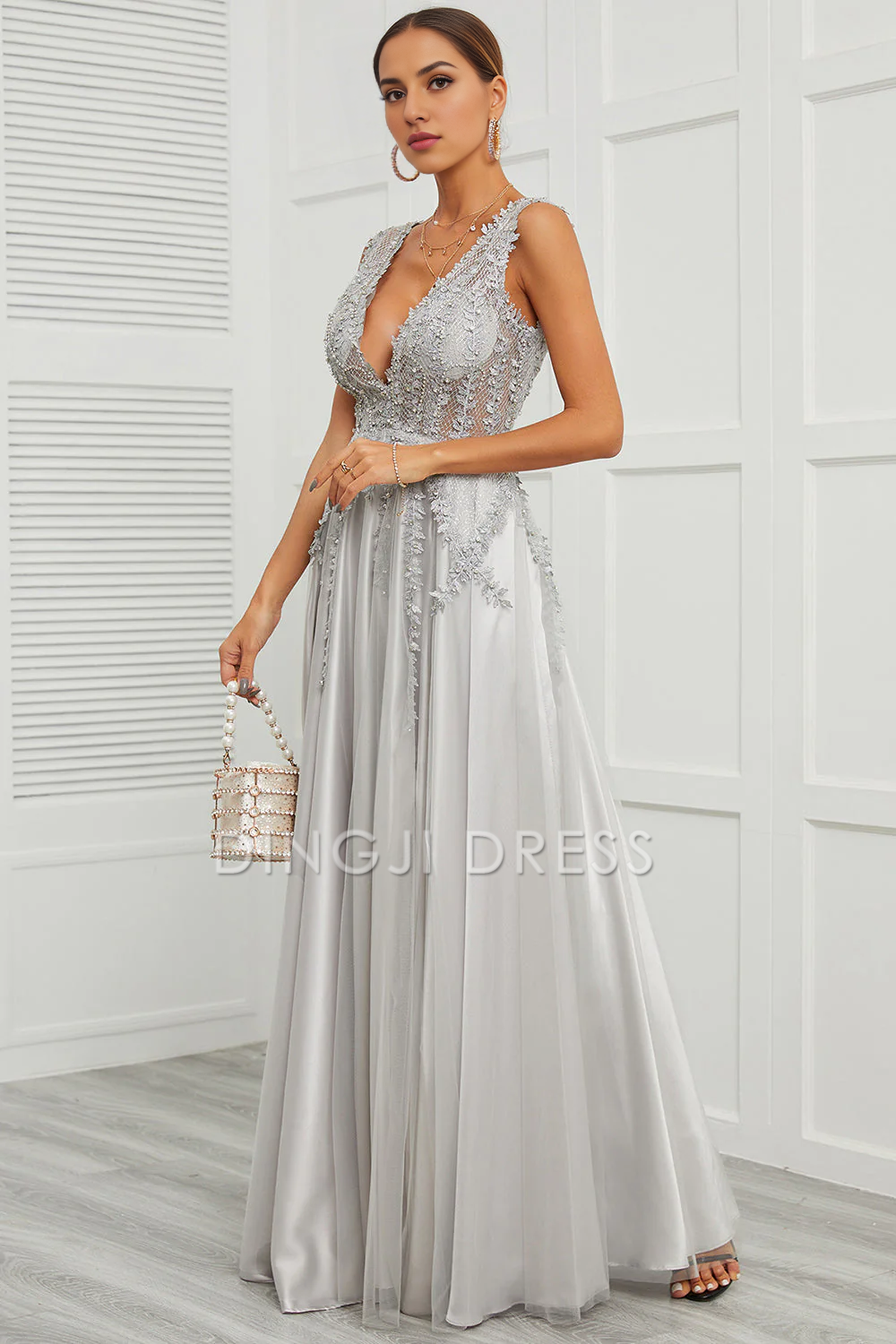 DingJiDress High Quality Dress Evening Dress Exquisite A Line Deep V Neck Sleeveless Backless Retro Appliques Long Prom Dress