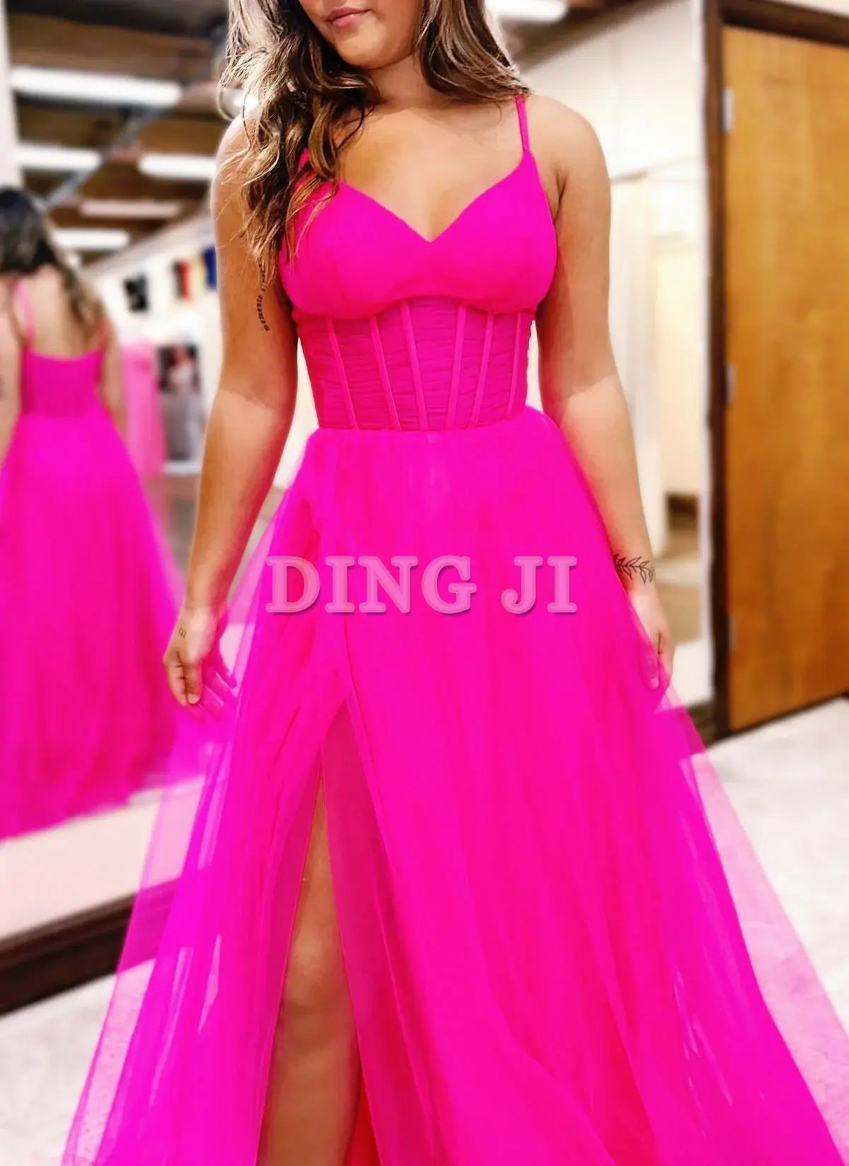 DingJiDress Evening Dress A-Line V-Neck Sheer Bodice Tulle Long Romantic Prom Dress Side Fork Youthful Elegant Formal wear Dresses Wedding Guest Dresses