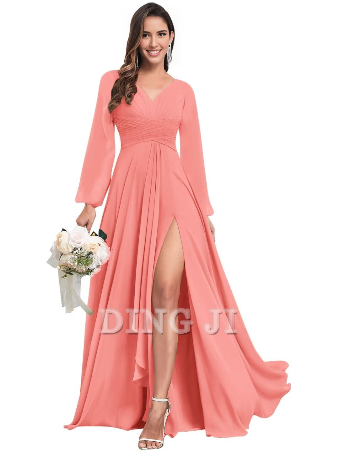 DingJiDress Bridesmaid Dresses Elegant Chiffon Long Sleeves V Neck Ruffle Side Fork Long Formal Wear Dresses