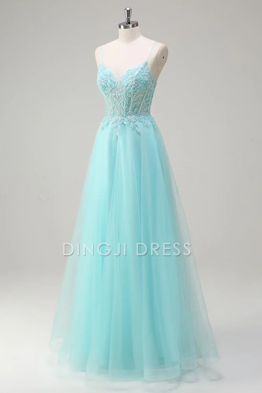 DingJiDress High Quality Dress Evening Dress Exquisite A-Line V Neck Spaghetti Straps Appliques Backless Long Prom Dress