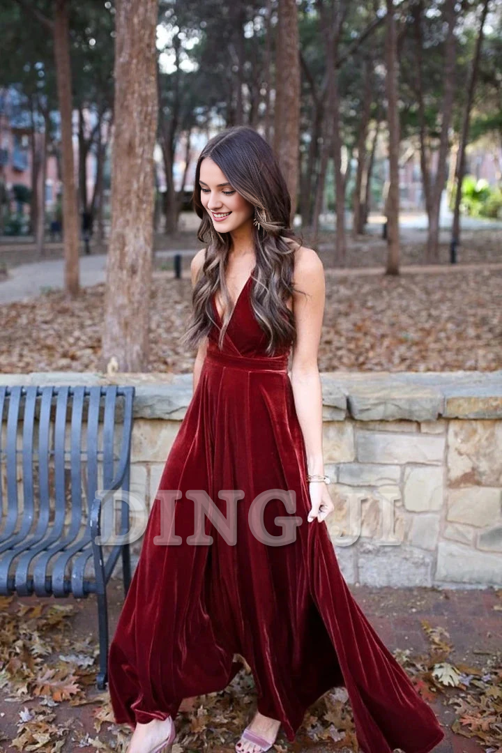DingJiDress Evening Dress Elegant A-Line Deep V Neck Halter Backless Burgundy Velvet Long Bridesmaid Dresses Prom Gown Formal Wear Dresses Wedding Guest Dresses