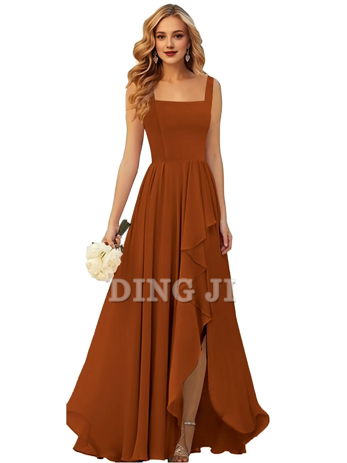DingJiDress Bridesmaid Dresses Ruffle Square Neck Elegant Simple Side Fork Long Formal Wear Dresses