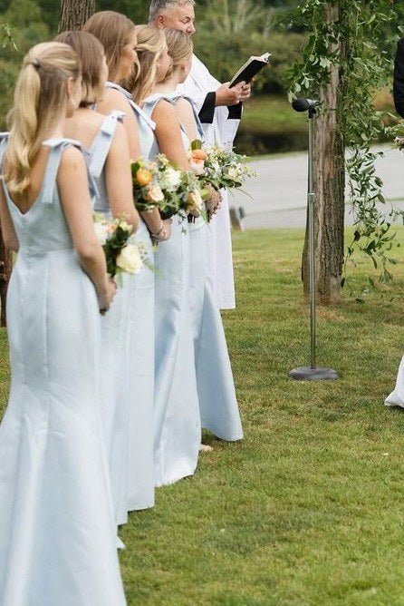 Elegant Sky Blue Satin Mermaid Straps Bows Square Neck Sleeveless with Slit Low Cost Floor Length Bridesmaid Dresses