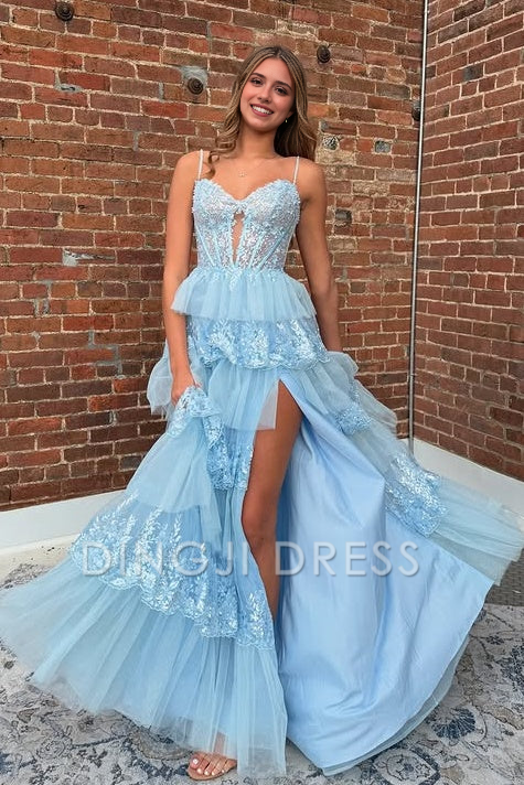 DingJiDress Formal Dress Gorgeous A-Line Sweetheart Spaghetti Straps Tiered Side Fork Party Exquisite Prom Dress