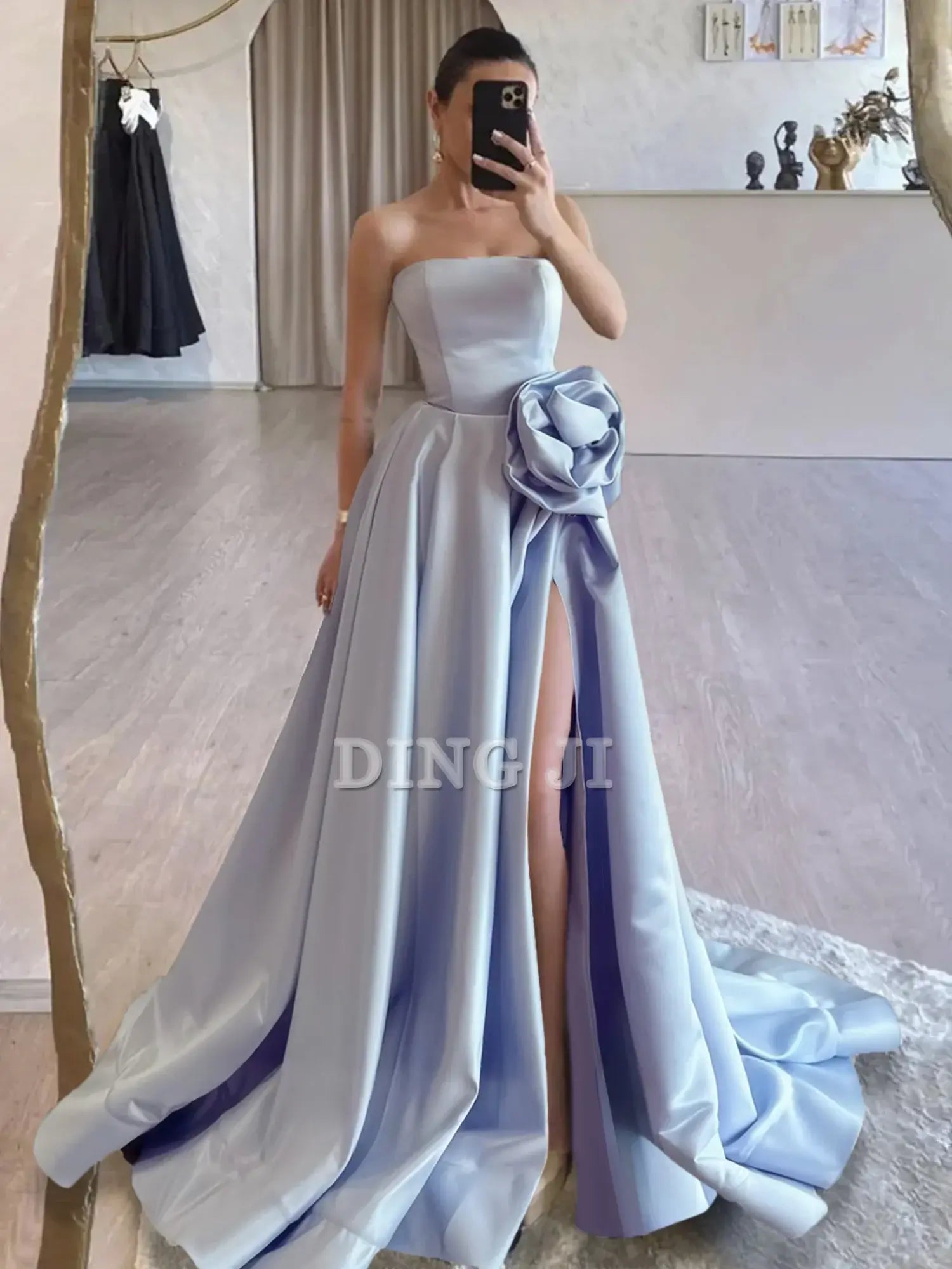 DingJiDress Evening Dress Strapless Satin High Split Sweep Train Exquisite High Quality Formal Women's Dresses Wedding Guest Dresses