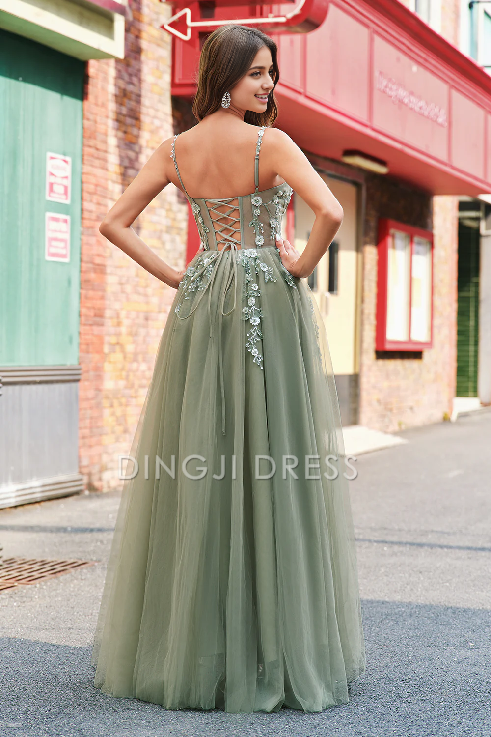 DingJiDress High Quality Dress Gorgeous Floral Corset Spaghetti Strap Backless Tulle Long With Lace Exquisite Prom Dress